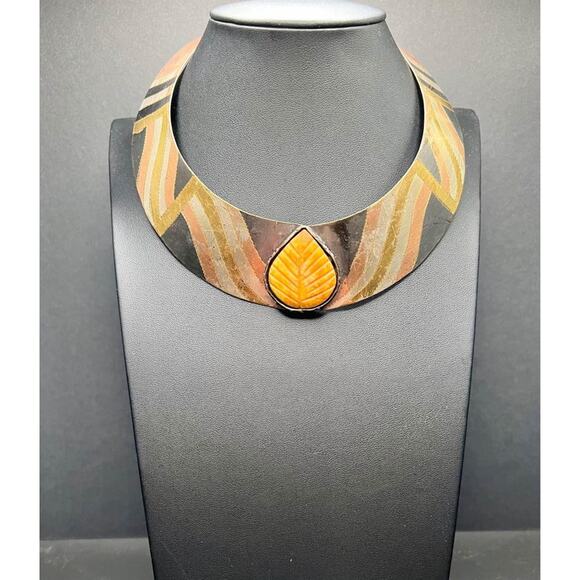 Vintage Mixed Metal Tribal Collar Necklace with Leaf Detail - Picture 1 of 5
